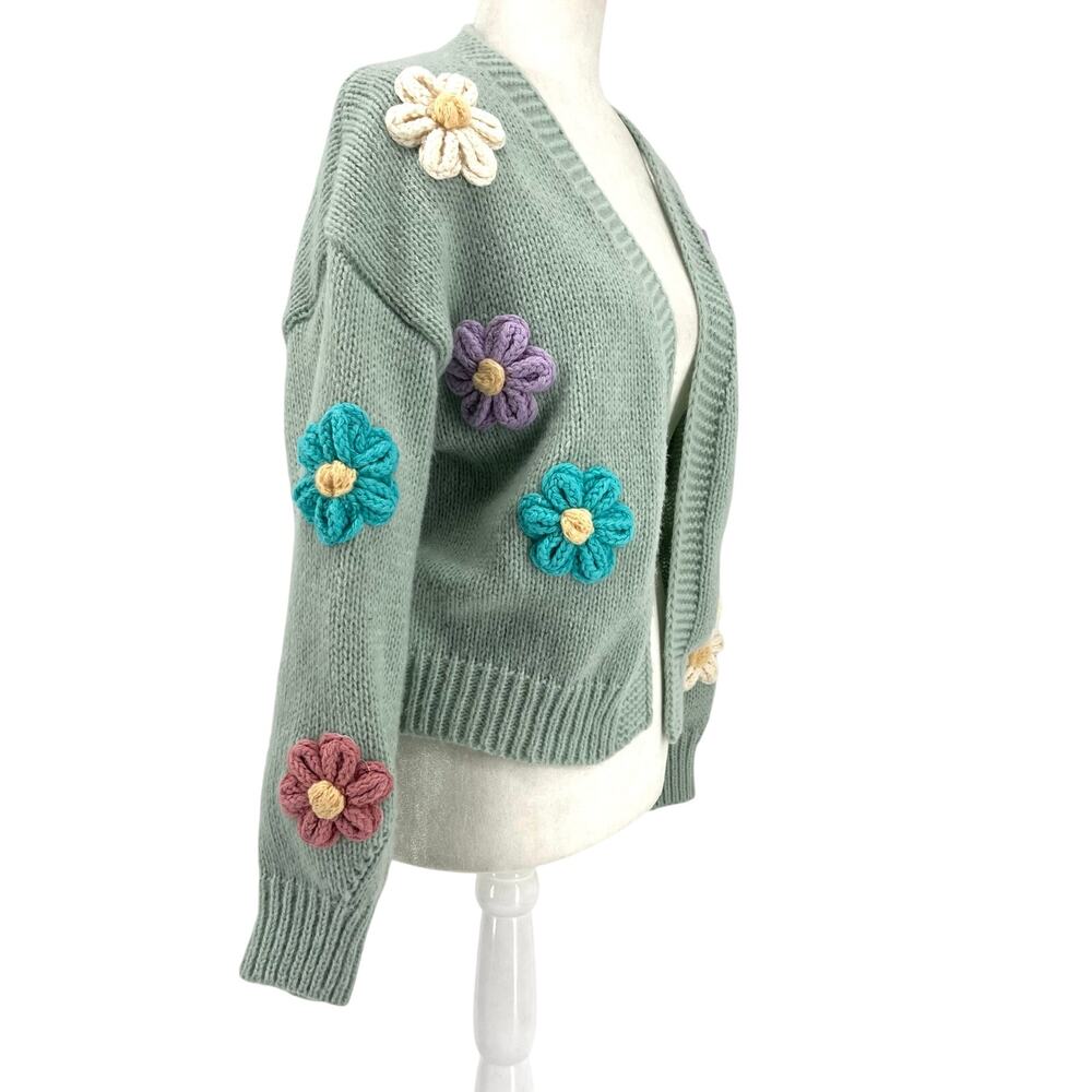 Luna Ivy Women's M Oversized Short Spring Green Chunky Knit Daisy Cardigan - Picture 4 of 8